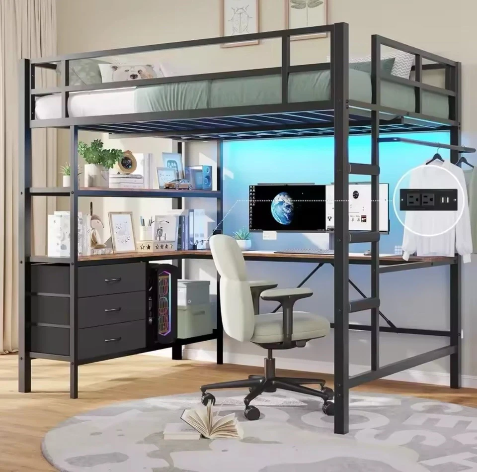 Metal Loft Bed with Desk & RGB LED Lights, Storage Drawers & Gaming Setup - Image 4 of 4