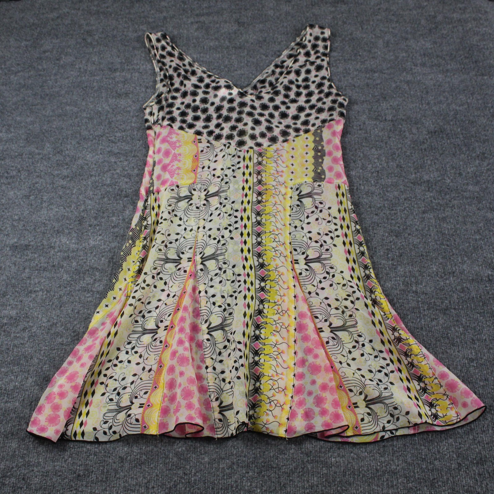 Anna Sui Dress 8 Silk V Neck Boho Multi Flare Mini Hem Feminine Artsy Romantic