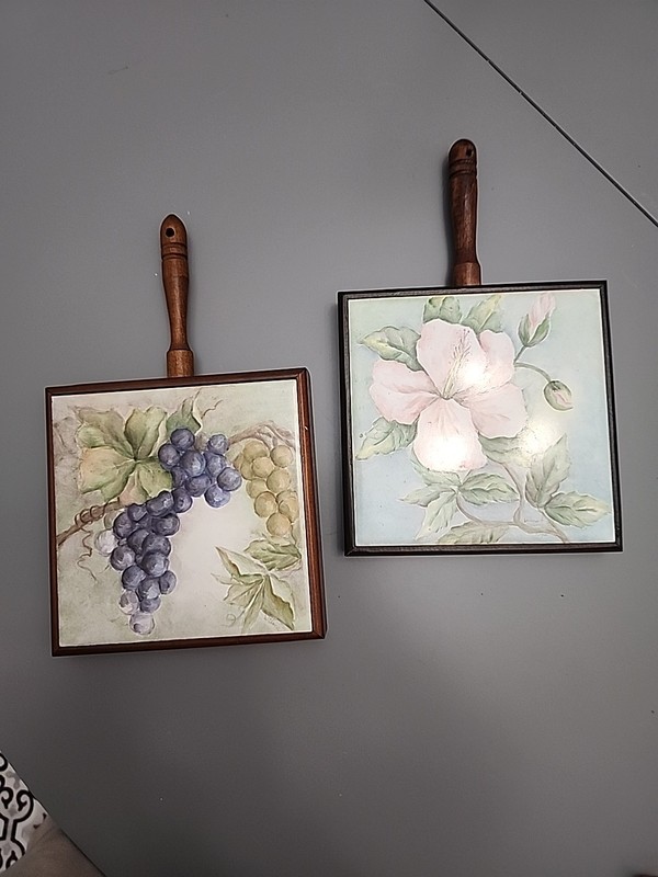 Two 1970 Hand Painted & Signed Ceramic Tiles - Grape & Flower - Wall Plaques 6x6