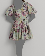 Lauren Ralph Lauren Women's Blue Floral Cotton Voile Puff-Sleeve Dress Size 14