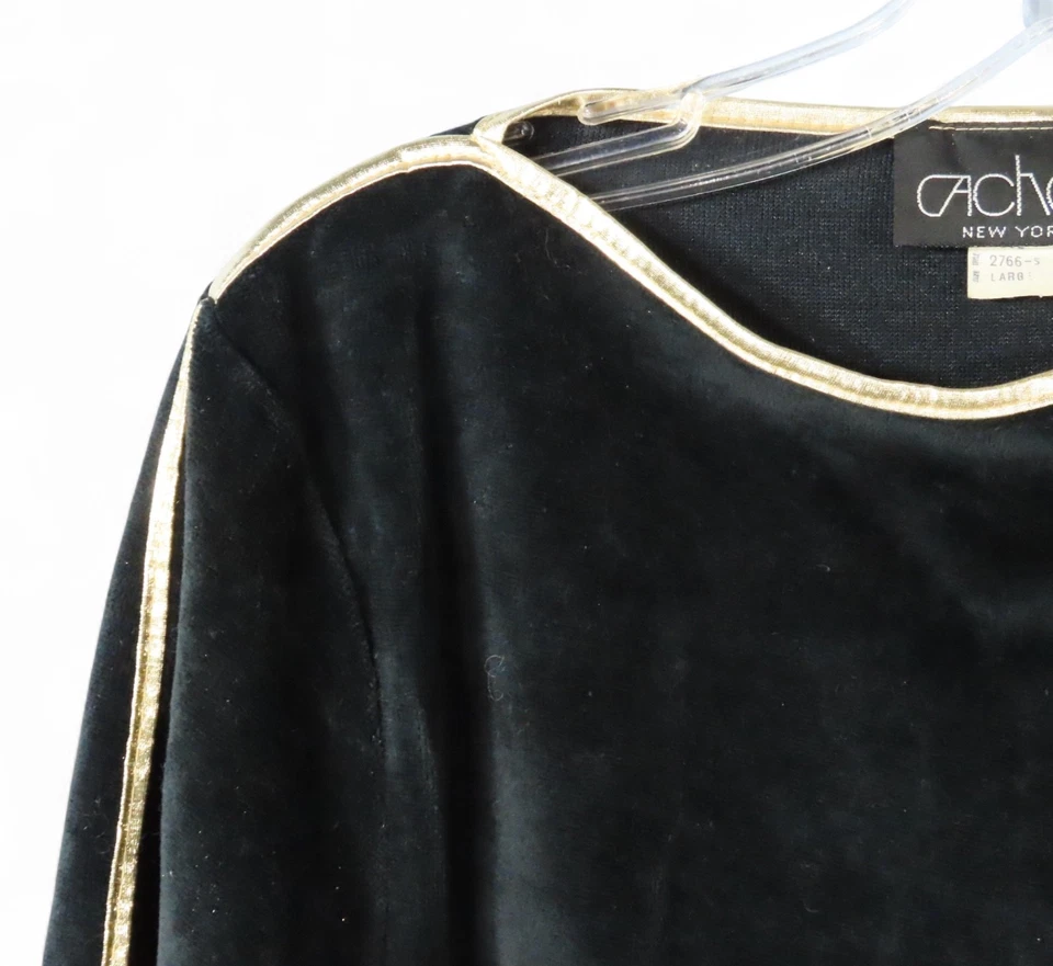 CHÁNDAL FANCY VTG Cache Black Velour Pantalones con ribete metálico dorado / dobladillo superior de banda L Foto 3 de 4