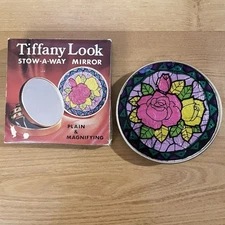 1970's Stow A Way Purse Mirror Rose Foil Print Gold Tone Compact Japan Vintage