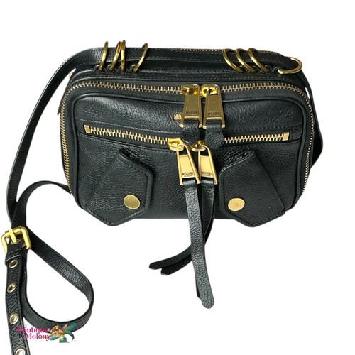 Moschino Italien schwarz Leder Crossbody goldene Reißverschlüsse verstellbar Schultertasche gebraucht, in einwandfreiem Zustand