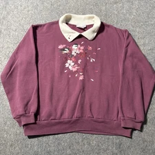Vintage Country Store Sweatshirt L Mauve Chickadees Floral Print Collar 90s