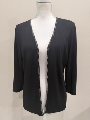 Josephine Chaus Bolero Shrug Women s Sz L Open Front Black Beige Trim 3/4 Sleeve