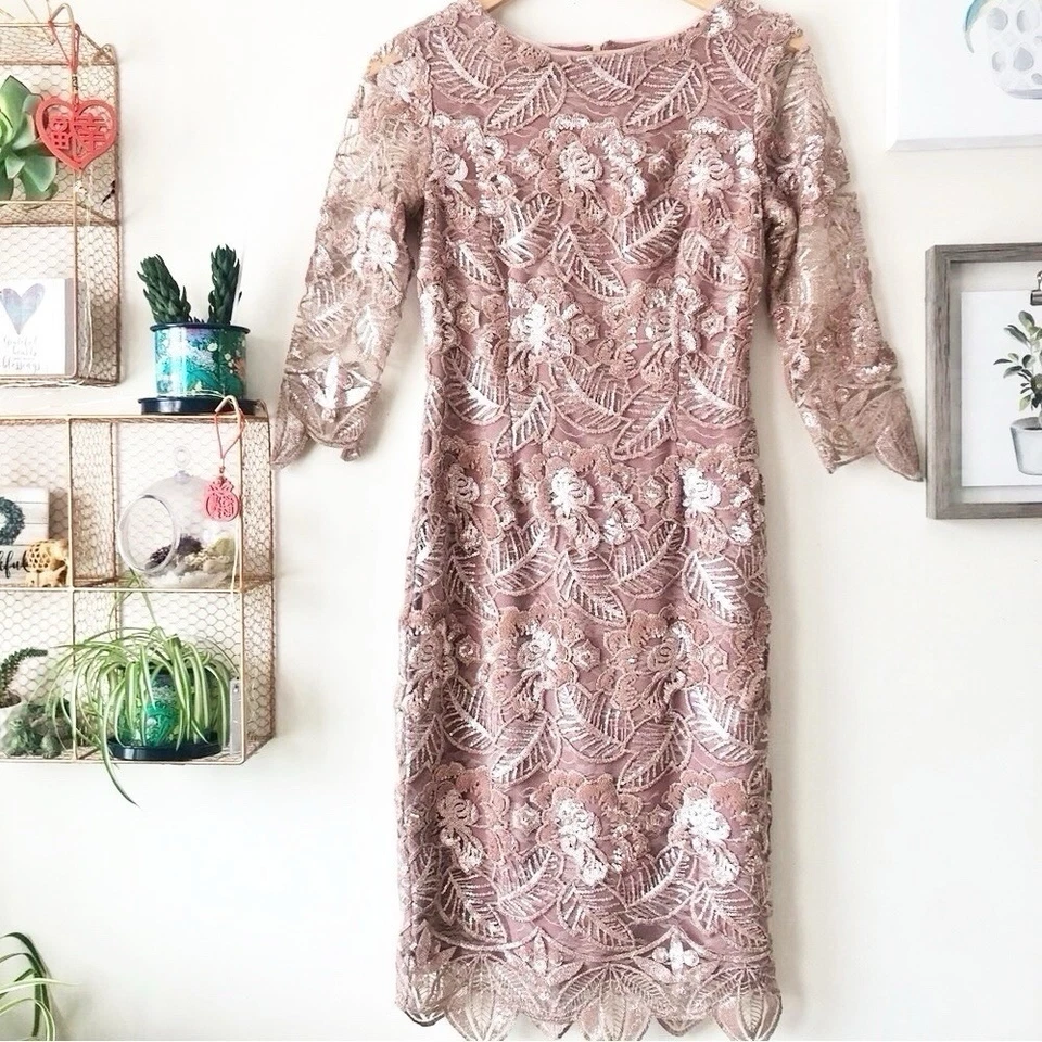 Платье-футляр BHLDN Mackenzie Mauve Dusty Rose с блестками металлик кружево цветочный узор размер 6 - Изображение 2 из 4