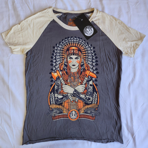 Secret Artist By Affliction Warrior Girl Women's SM Grey Beige Graphic T-Shirt