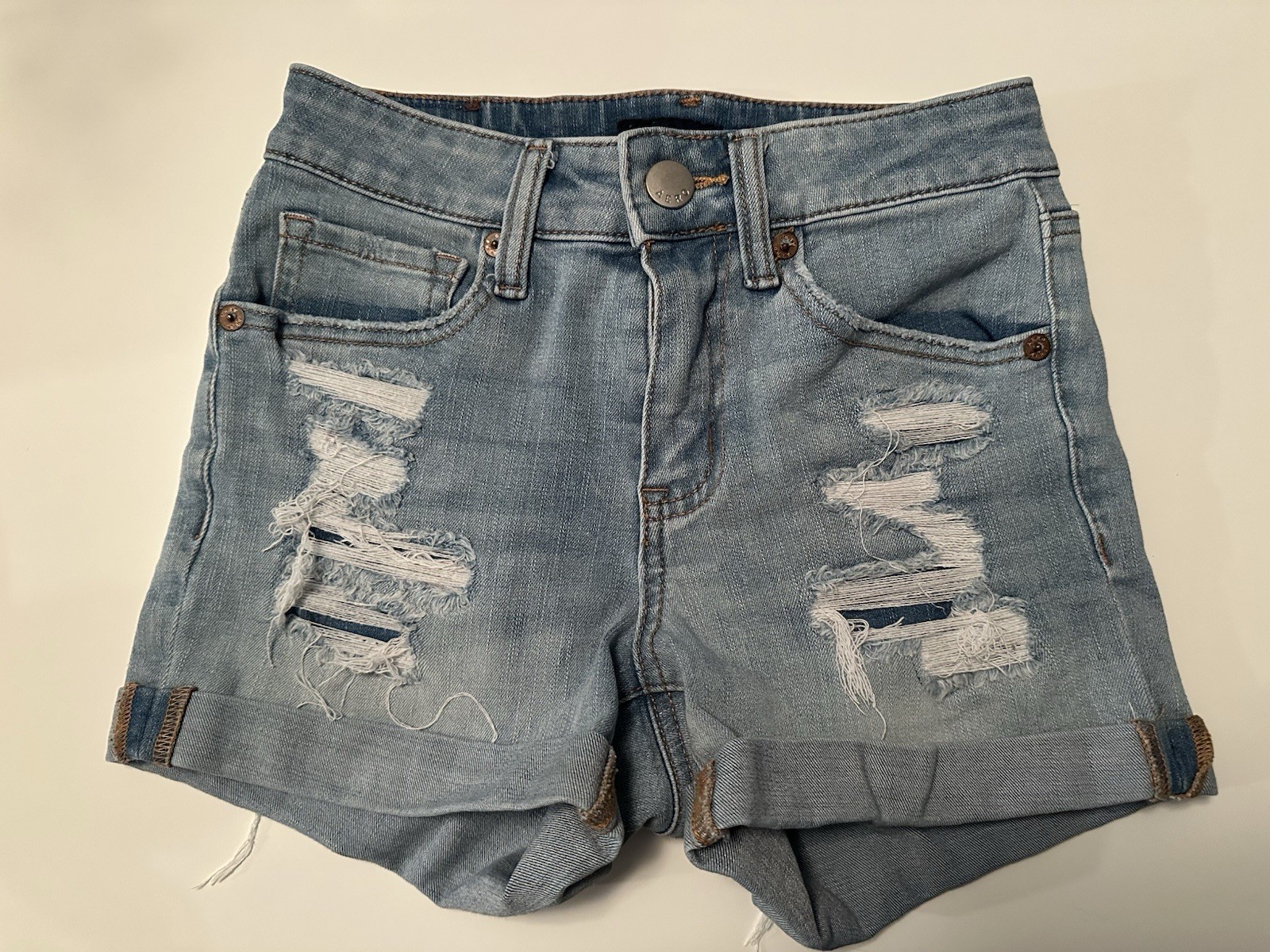 AERO High Rise Midi Light Wash Distressed Stretch Cut Off Denim Shorts Blue 0