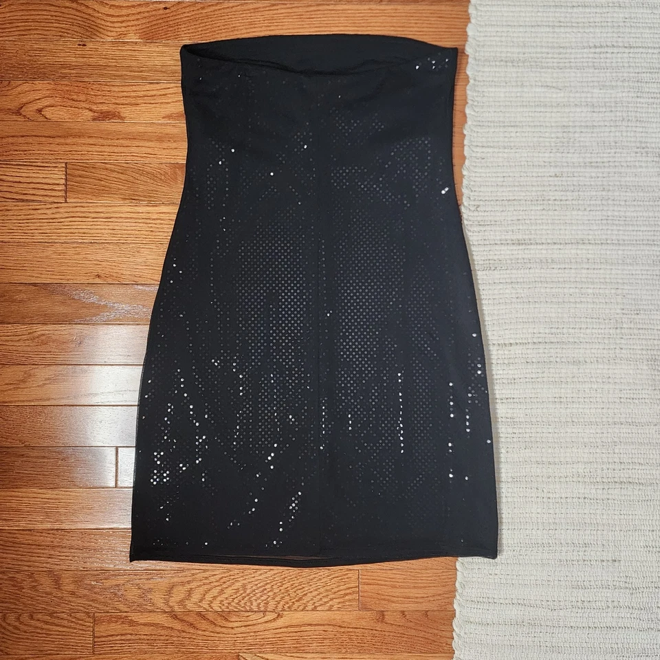 Mini Vestido Vintage Y2K Negro Lentejuelas Sin Tirantes Malla Superposición Fiesta Club 9/10 Foto 3 de 4