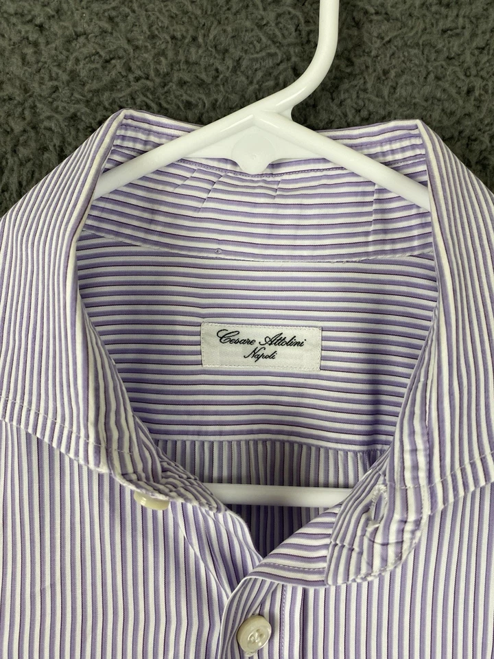 Cesare Attolini Napoli Purple Stripe Button Up Shirt Italy 43.5 In Chest - Image 2 of 4