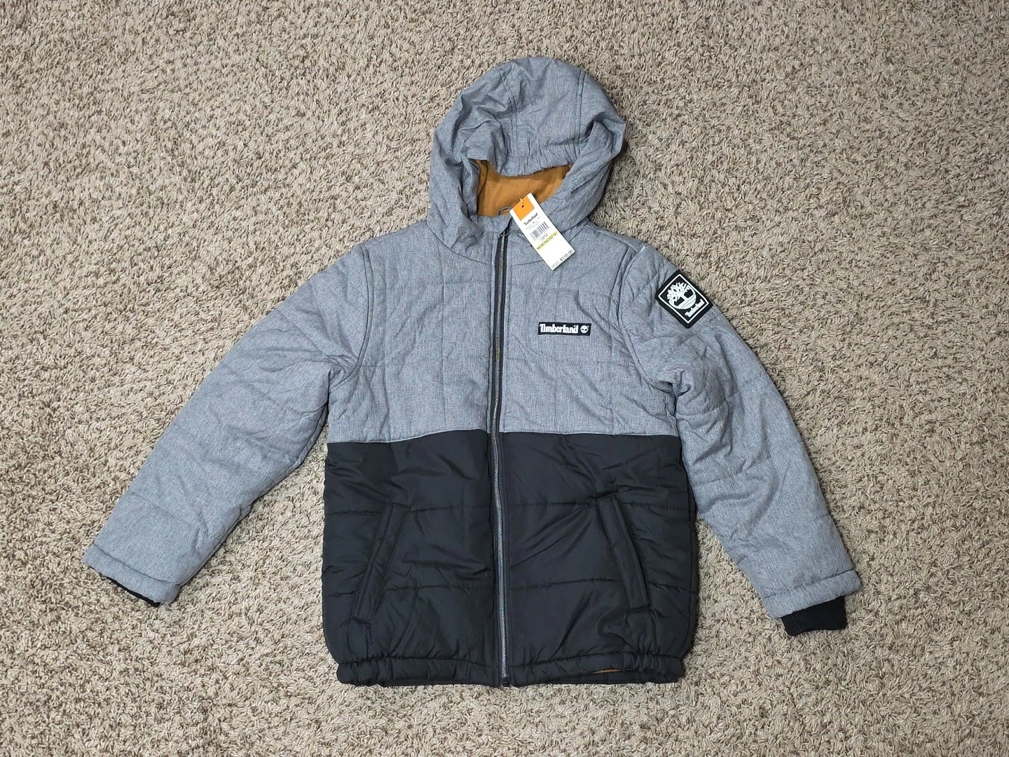 NWT Timberland Kids Puffer Jacket Hooded Coat Quilted Black Gray M 10/12