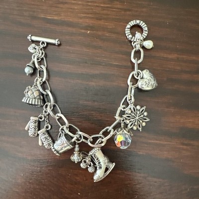 BRIGHTON Vintage Sterlingsilber Bettelarmband 8'' Winter Schnee Urlaub Schlittschuh