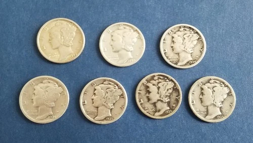 Lot 7 Mercury Dimes 1929P, 1930P, 1934P, 1934D, 1935P, 1935D 1935S   90 % Silver
