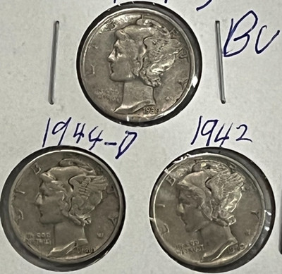 1939-1942-1944 Winged Liberty Mercury Silver dime set of 3 coins
