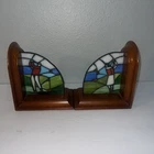 Vintage Tiffany Style Golf Man Woman Golfers Wood Book Ends Stained Glass