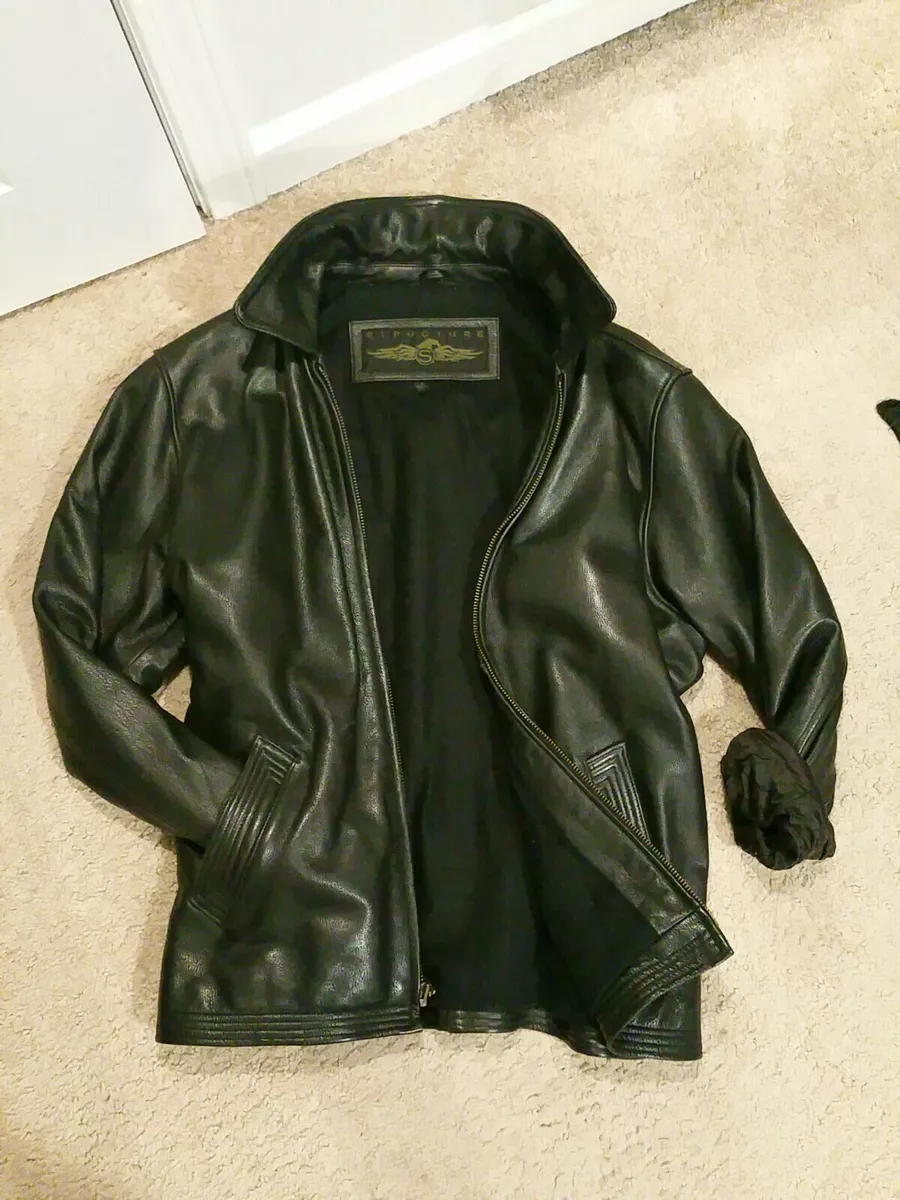 Structure Heavyweight Leather Insulated Bomber Jacket Casual Coat. Black. Mens S