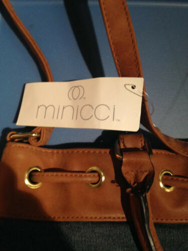 Minicci Handbag Purse-Two Tone Denim Canvas Brown Soft Leather-New! - Picture 2 of 2