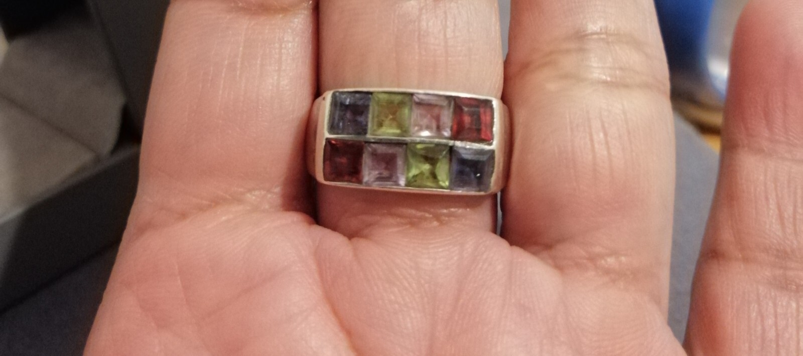 Solid Sterling Silver Square Cut Multi Gemstone R… - image 1