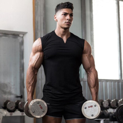 Cotton V-neck Fitness Tank Top Men Summer Muscle Vest Gym Clothing Bodybuilding Sleeveless Shirt Workout Sports Singlets army green / M