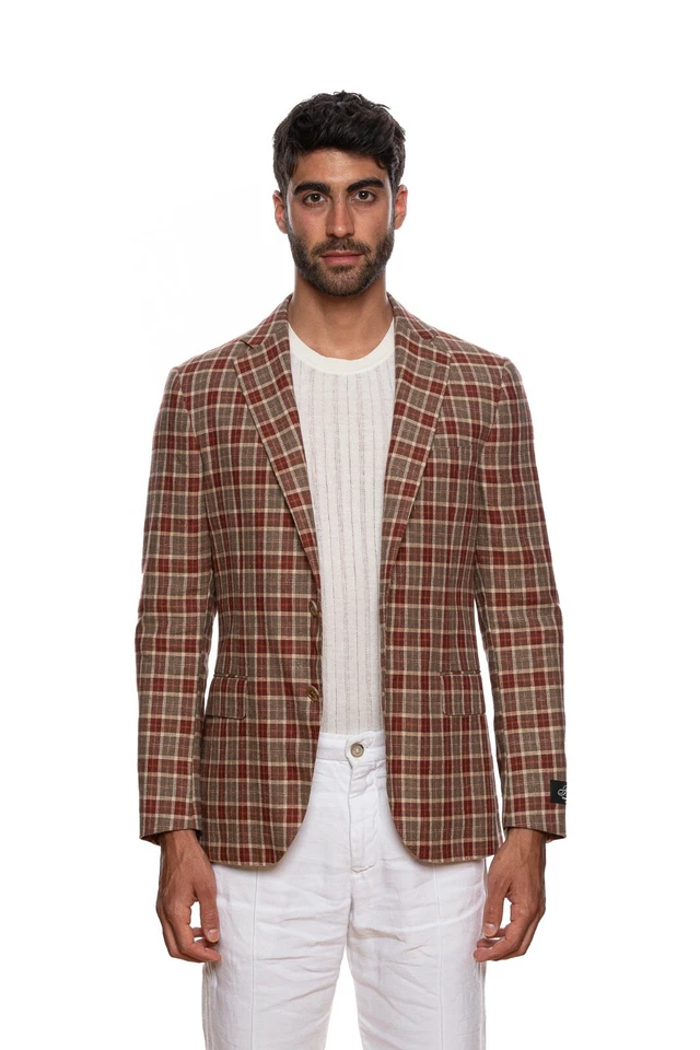 Chaqueta BELVEST Hecha en Italia Seda Lino Cuadros Marrón y Borgoña 42 EE. UU. / 52 UE 9R Foto 2 de 4