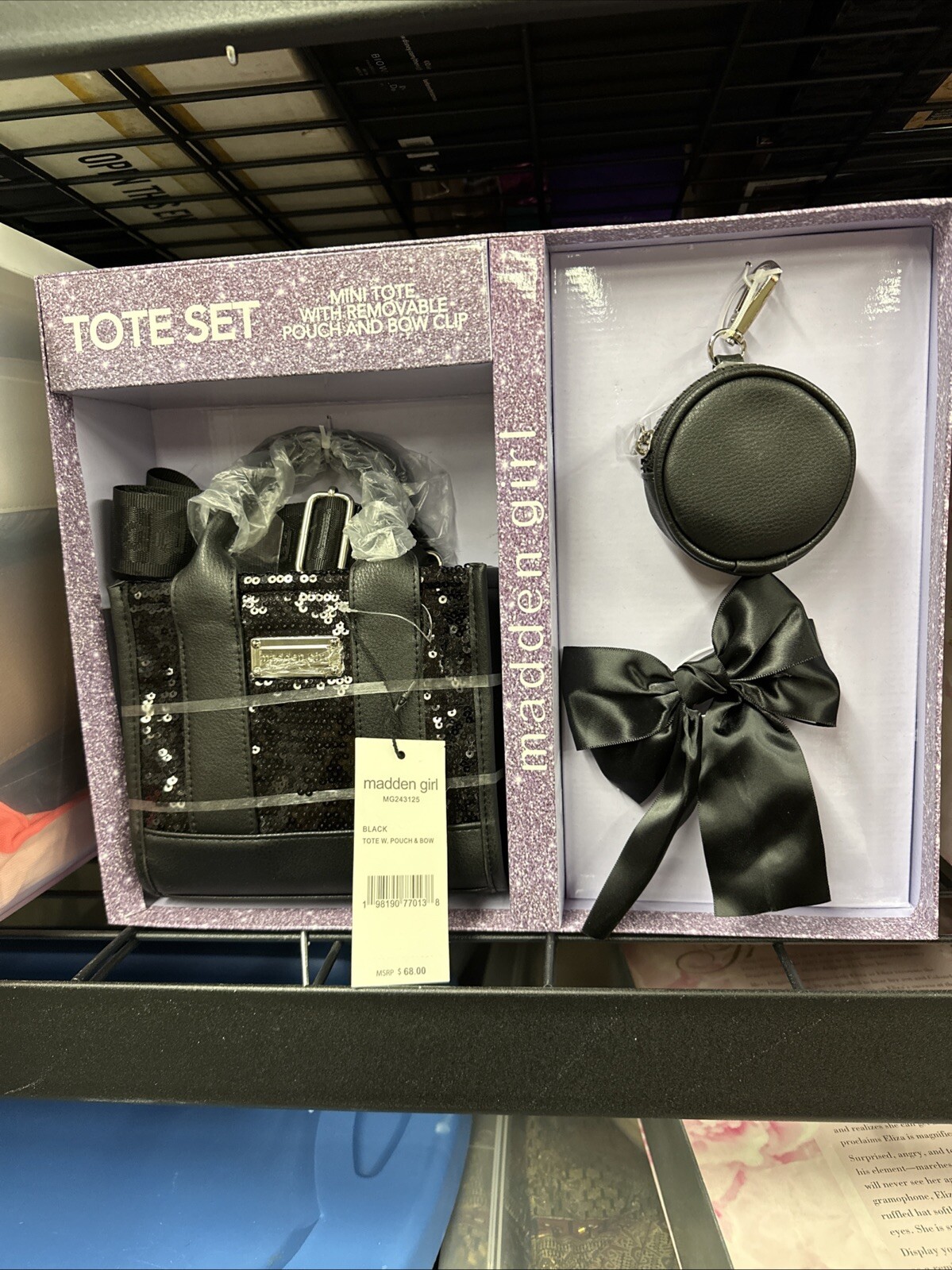 Madden Girl Set Mini Tote W/pouch Sequins Black/ Bow hair clip. MSRP $68 Rare