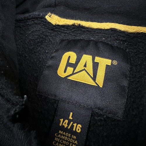 Cat Caterpillar Sweatshirt Youth Large Black Hoodie Pullover Sleeve Spell Out - Picture 5 of 6