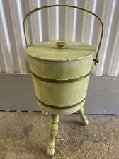 Vintage 1960’s  3 Leg Wood Metal Bands Barrel Plant Stand Sewing Basket Solid