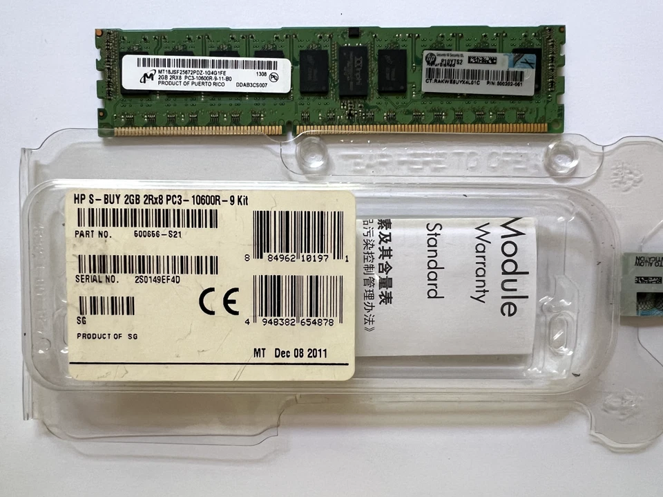 Servidor HP 2Gb 2Rx8 PC3-10600R DDR3 DIMM P/N 500202-061, 10.666Mb velocidad de transferencia Foto 2 de 2