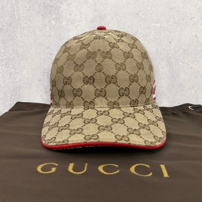 Gucci GG Monogram Logo Red Web Stripe Beige Baseball Cap Size Medium