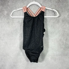 Destira Gymnastics Leotard Child M Black Extended Woven Back Jaguar Print.