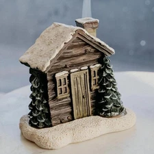 Log Cabin Chimney Cottage Incense Cone Burner with Christmas Tree Snowy Winter