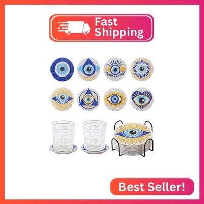 FASHEWELRY 8pcs Evil Eye Diamond Art Coaster Kit Blue Diamond Painting Coaster w