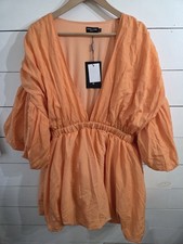 PRETTY LITTLE THING PUMPKIN ORANGE DEEP V BUBBLE DRESS SIZE 18 NWT