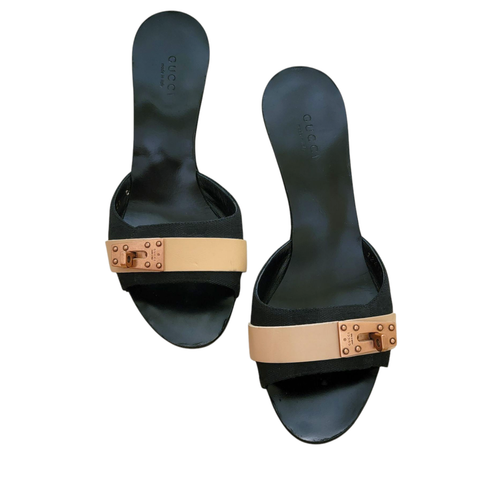 Gucci Vintage Black Turnlock Mules Kitten Heels GG Logo Leather 7 37 Slides - Picture 2 of 15