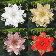 10-20  Christmas Poinsettia Glitter Artificial Flowers Xmas Tree Party Decor USA