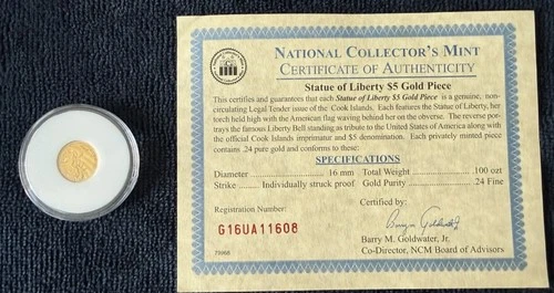 2x 2011 Cook Islands $5 Liberty Gold Proof Coins – 1/10 oz .24 Fine – With COA
