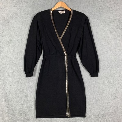 St. John Paillettes Shimmer Dress 4 Santana Knit Sheath Midi Black Vintage 80s