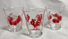 3 MCM Anchor Hocking 1950's Red Cherry & Rooster 6 oz Juice Glasses Vtg USA
