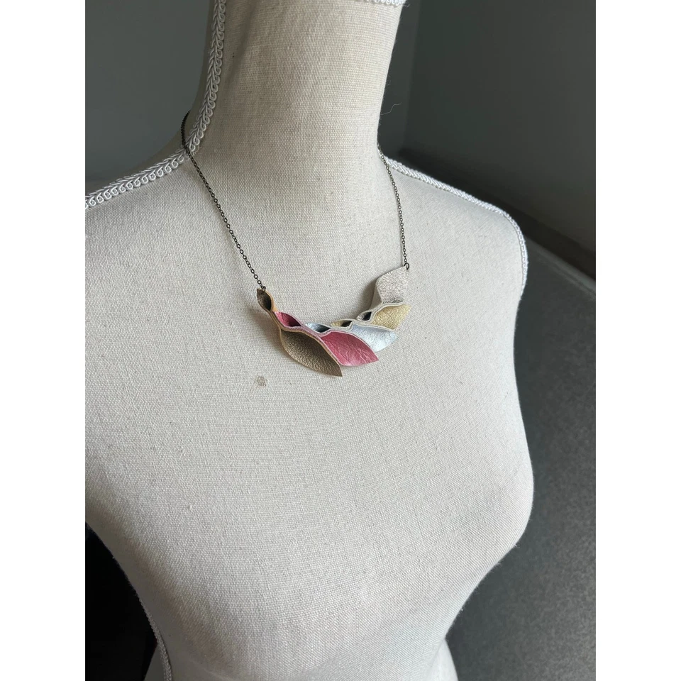 Artisan Handmade Multi Color Pastel Leather Petal Necklace - Image 4 of 4