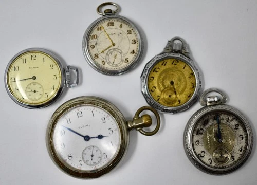 Watch Lot of 5 Antique ELGIN Mens Pocket Watches, fancy art deco cases