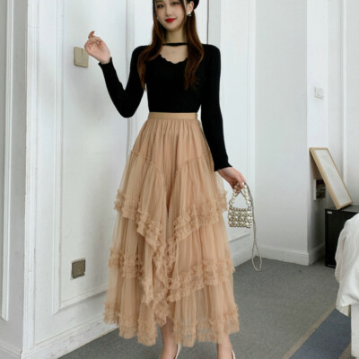 Ladies Mesh Tulle Skirt Layered Pleated Ruffled Swing Elastic High Waist  Fairy UK