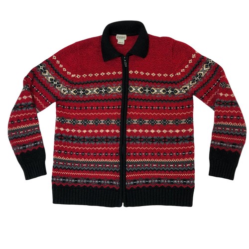 Classic Elements Cardigan Sweater Womens Medium Fair Isle Zip Up Red Black White