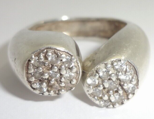 Modernist Sterling Silver Bypass Style Ring w/ Clear Rhinestones Size 8