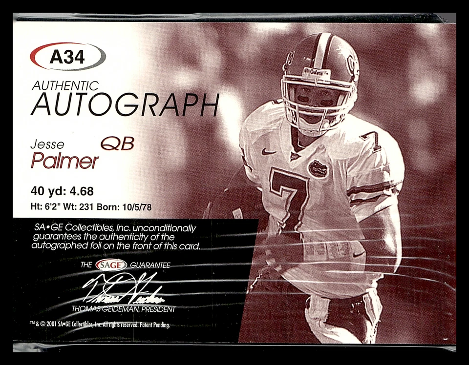 2001 SAGE AUTOGRAPHS GOLD #A34 JESSE PALMER #ED /200 NEW YORK GIANTS - Image 2 of 3