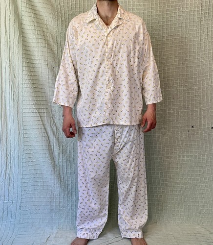 Vintage 50s Yellow & White Arrow Cotton Pajama Pants Set BVD Sanforized size L - Picture 2 of 13