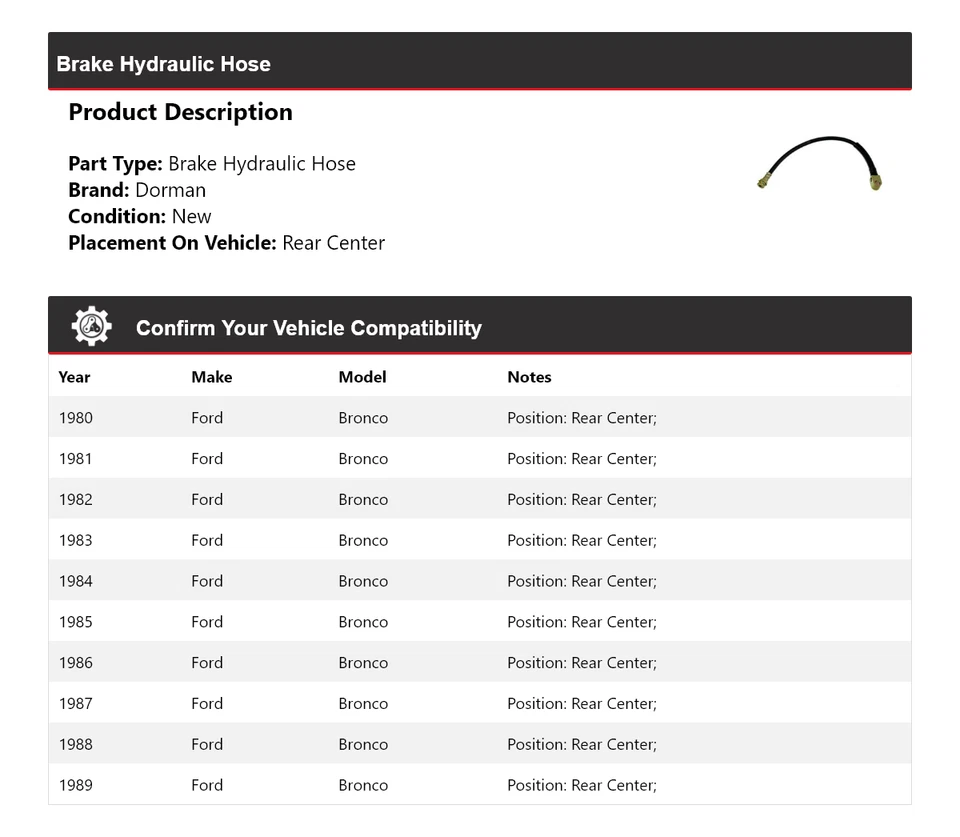 Задний центральный гидравлический шланг тормоза для Ford Bronco Dorman 1980-1989 годов выпуска 1981 1982 1983 годов выпуска - Изображение 2 из 4