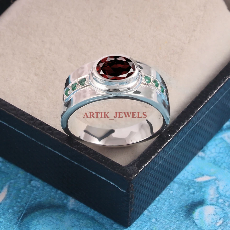 Piedras preciosas de granate natural y ónix verde con anillo de plata de ley 925 para hombre #5719 Foto 2 de 4