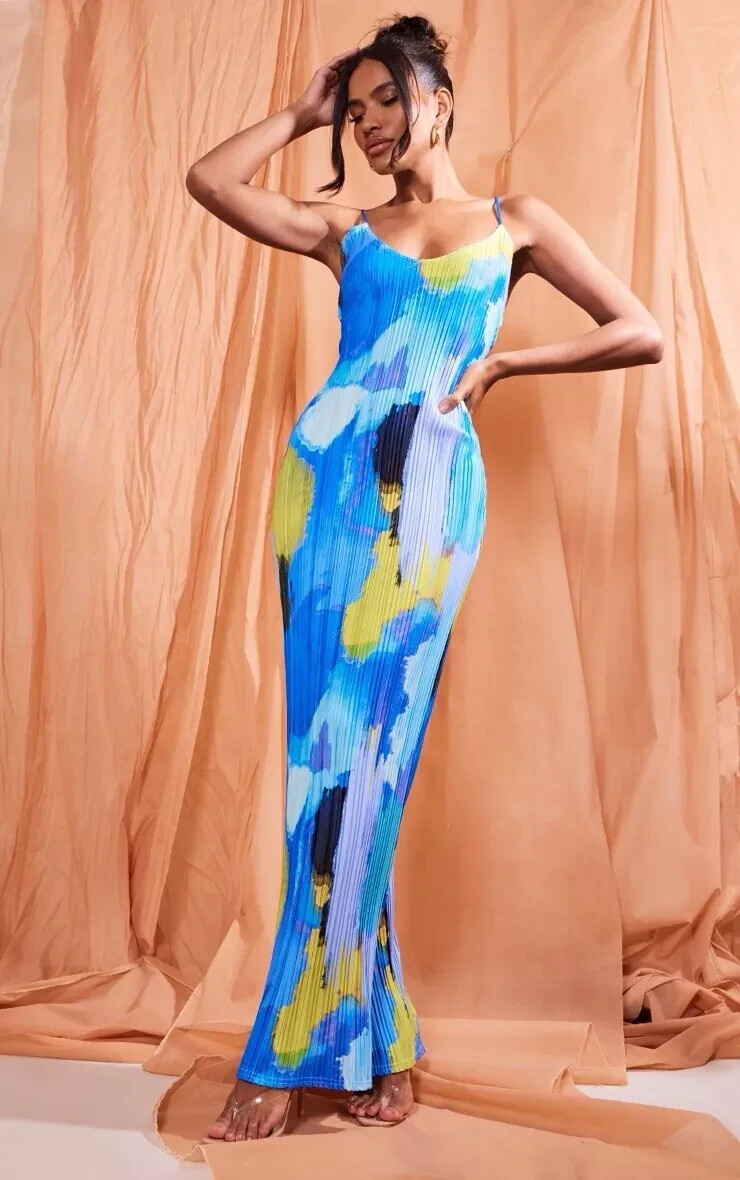 green abstract print plisse strappy maxi dress Emelia Floral Print Maxi Dress in Orange Floral main image 0
