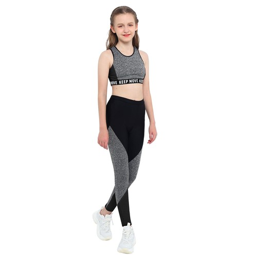 Kids Workout Running Sports Suit Midriff-Baring Tops+Tight Pants Yoga Tracksuit - Picture 14 of 20