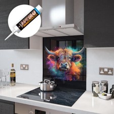 Glass Splashbacks Highland Cow On Black Glass and Accessories